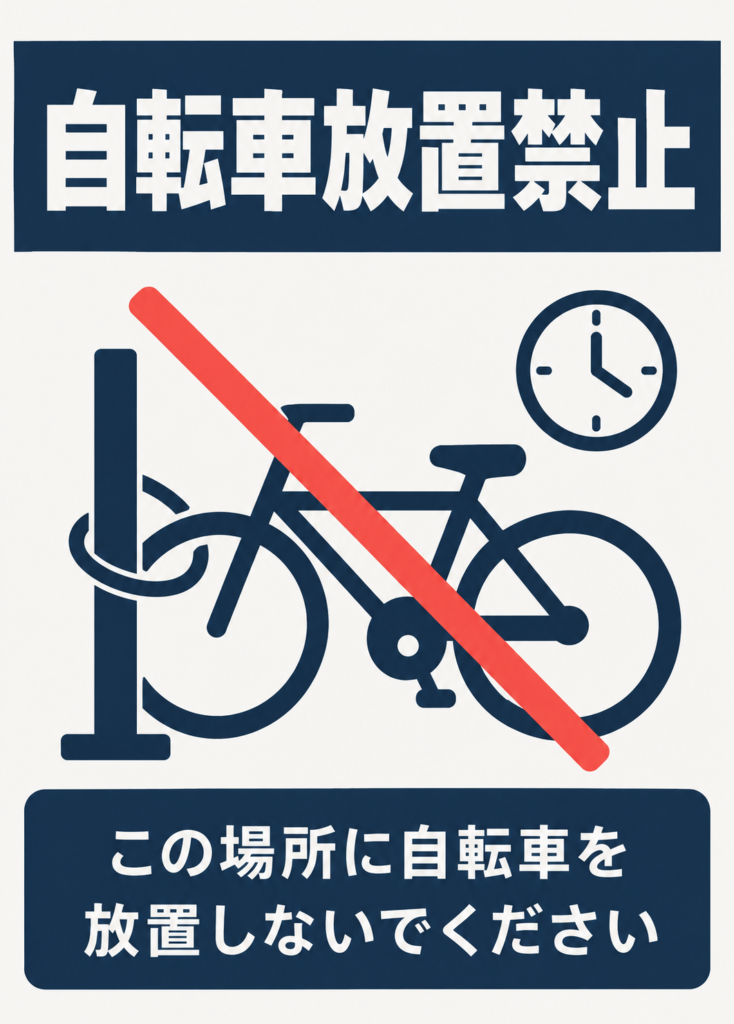 自転車放置禁止の紺色見出しと放置防止メッセージを配置した縦向きポスター