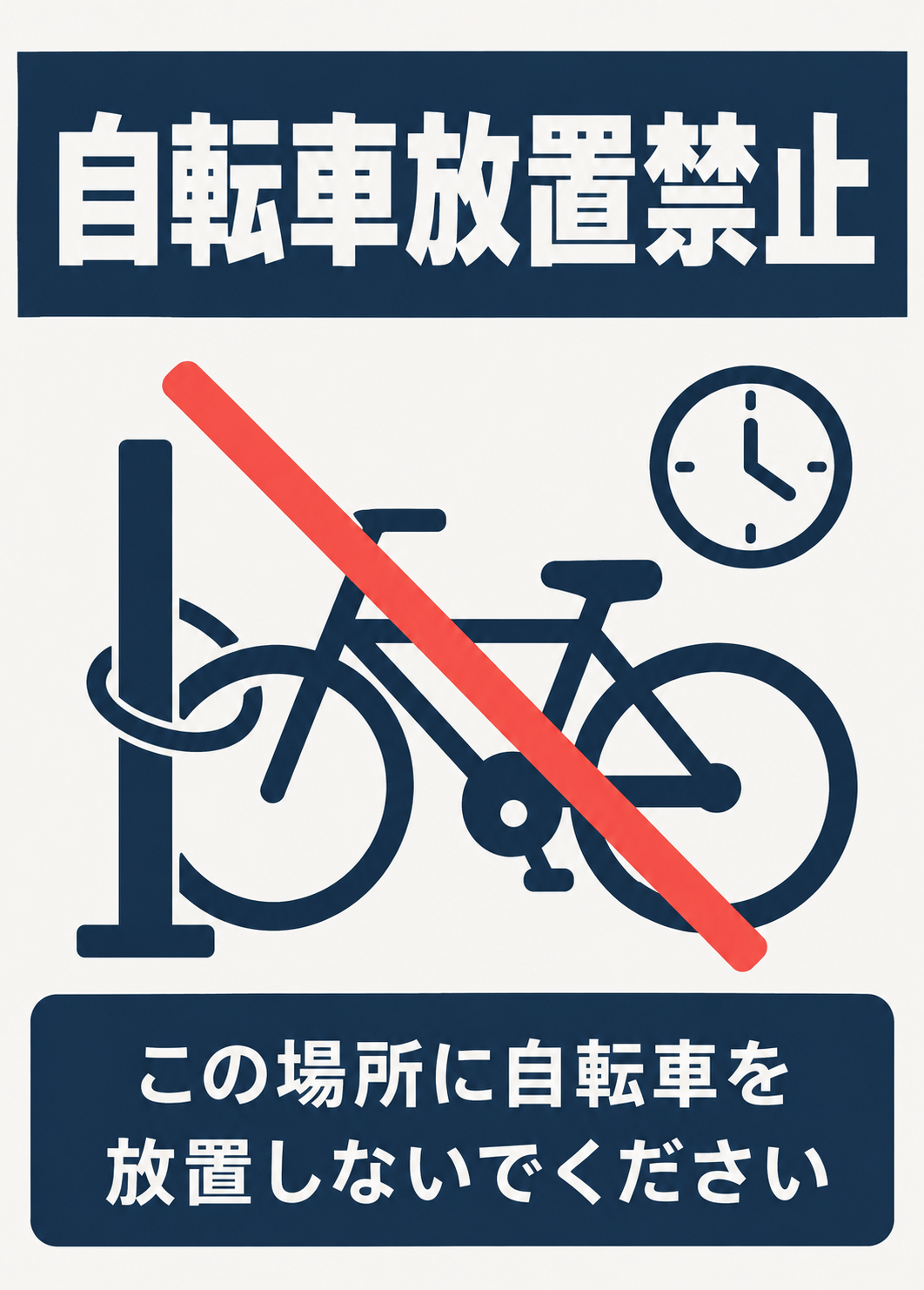 自転車放置禁止の紺色見出しと放置防止メッセージを配置した縦向きポスター
