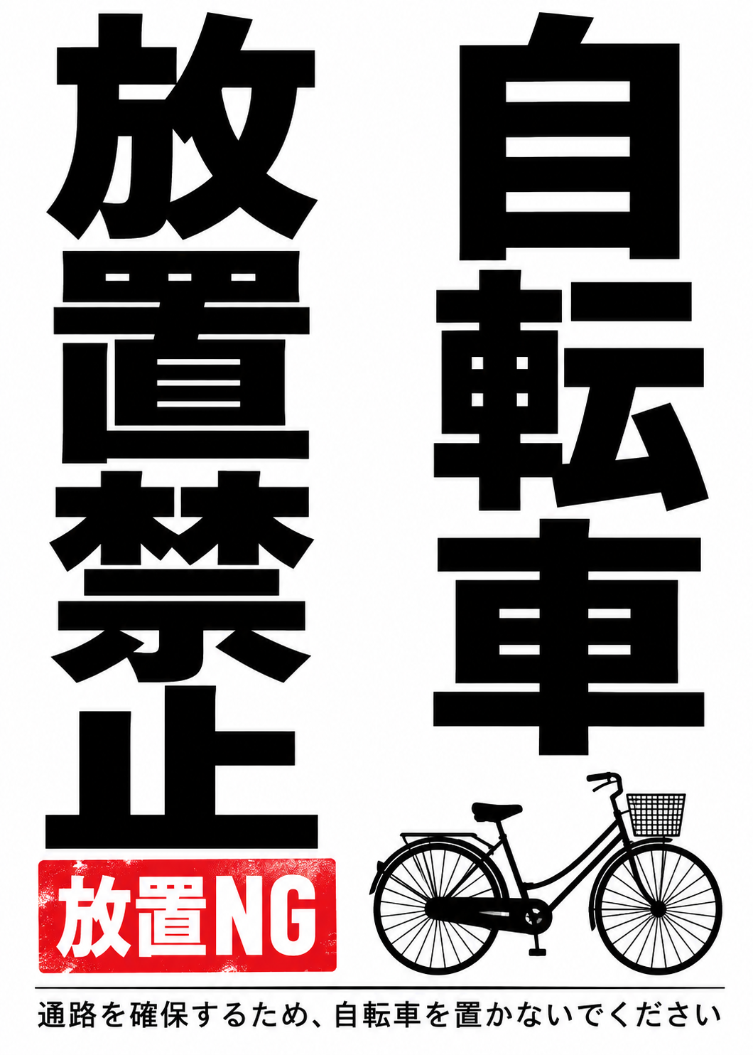自転車放置禁止の大きな縦書き文字と自転車イラストを配置した縦向きポスター