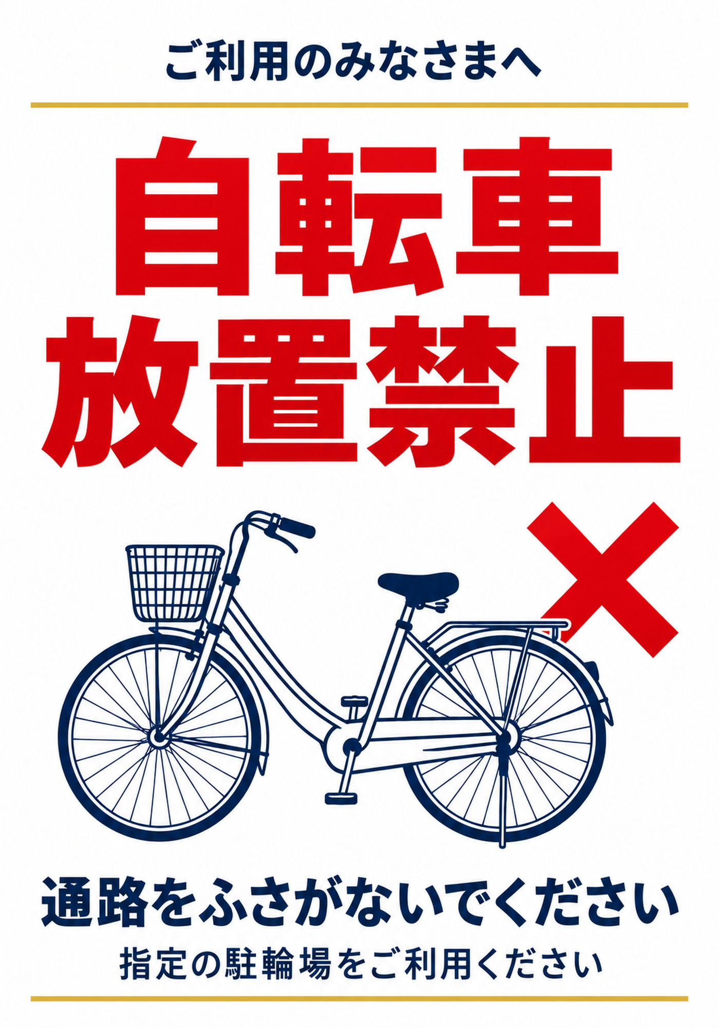 紺色の自転車と赤いバツ印で放置禁止を伝える縦型ポスター