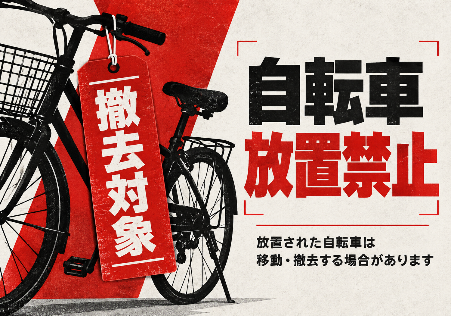 自転車放置禁止の赤黒い見出しと撤去対象表示を配置した横向きポスター