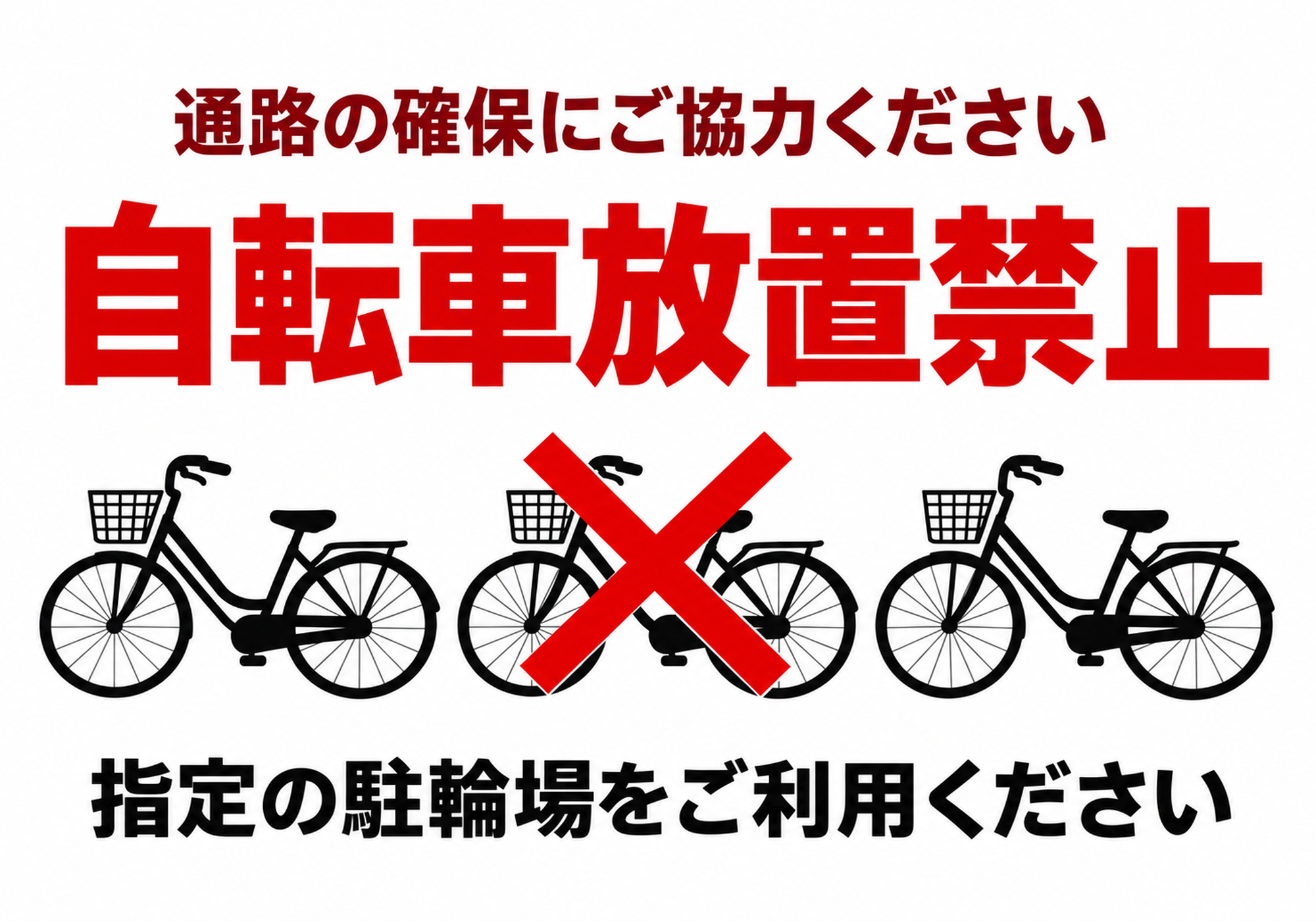 三台の自転車と赤いバツ印を配置した自転車放置禁止の横型ポスター