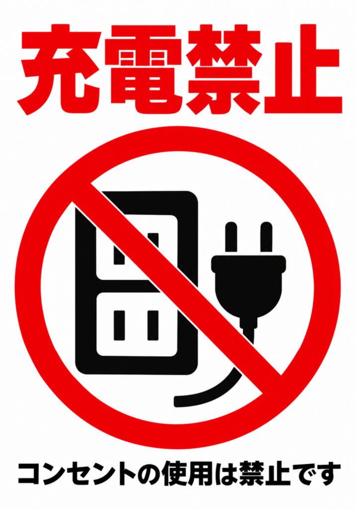 赤い充電禁止の文字とコンセント・プラグの禁止ピクトグラムを配置した縦向きポスター