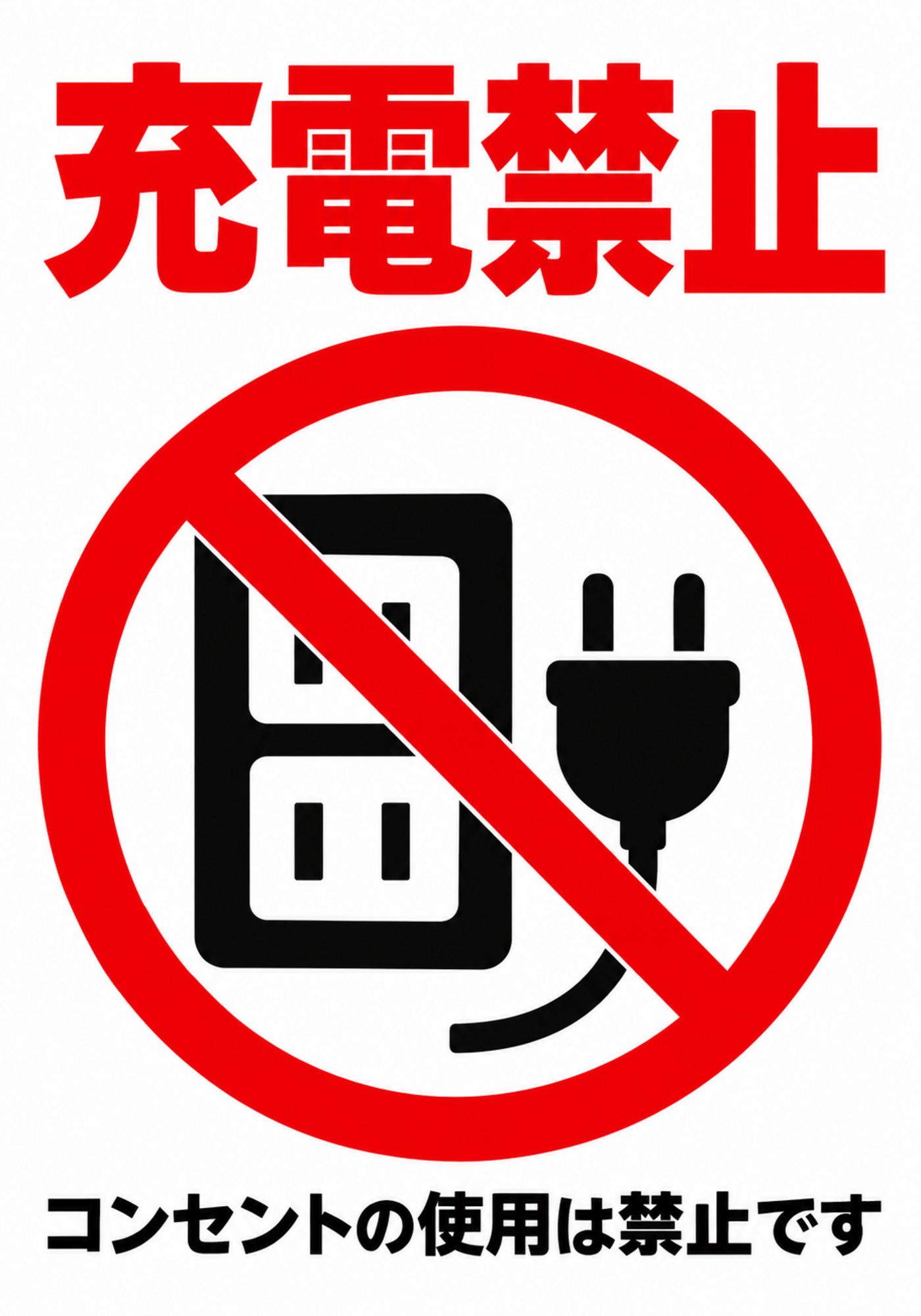 赤い充電禁止の文字とコンセント・プラグの禁止ピクトグラムを配置した縦向きポスター