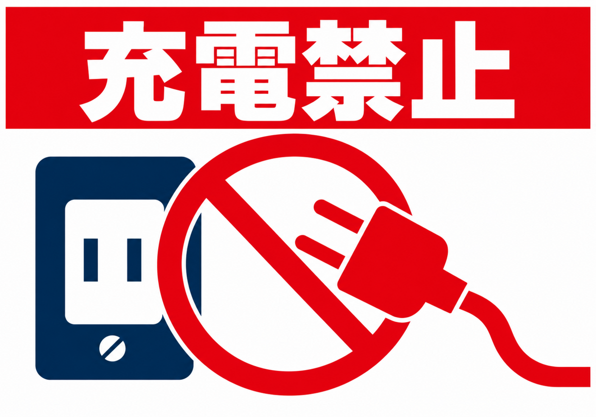 赤い充電禁止の帯とコンセント・プラグの禁止ピクトグラムを配置した横向きポスター