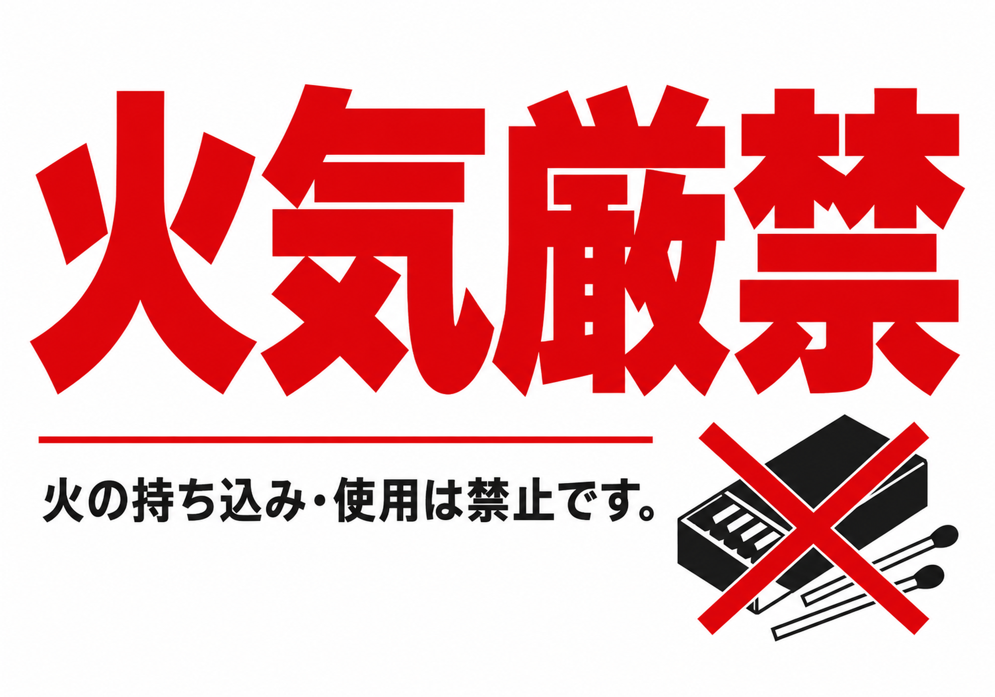 火気厳禁04の横型ポスター 大きな赤文字とマッチ箱の禁止イラストデザイン