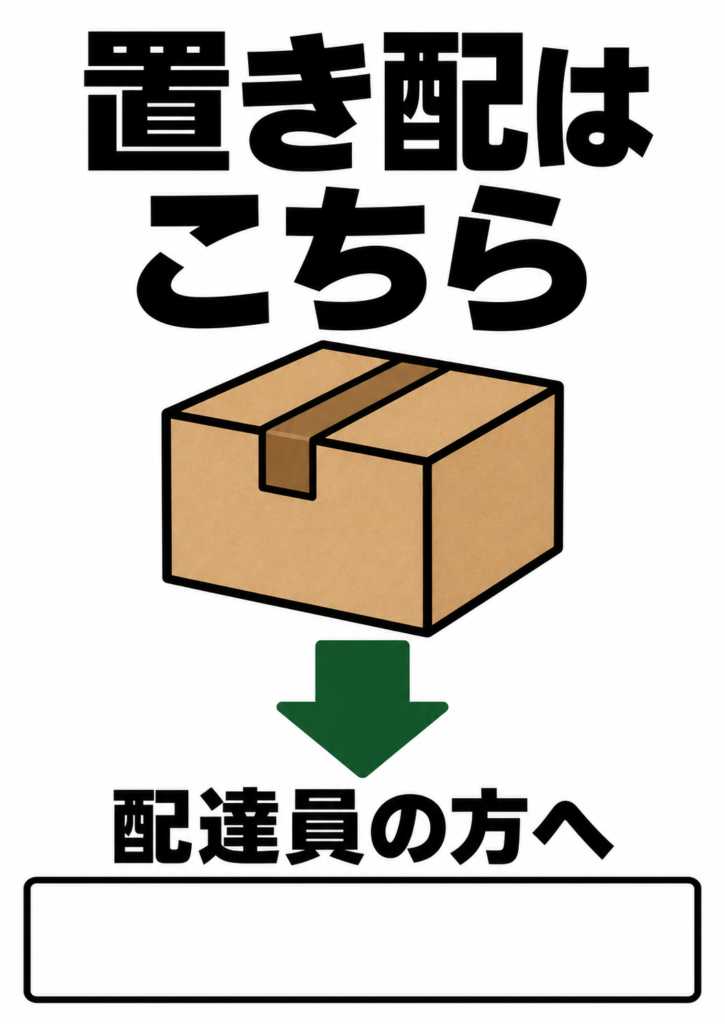 置き配はこちらと伝える縦向きポスター。荷物の絵、下向き矢印、配達員向けの空欄付き