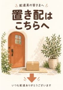 温かい玄関と荷物のイラストで置き配場所を知らせる縦型ポスター