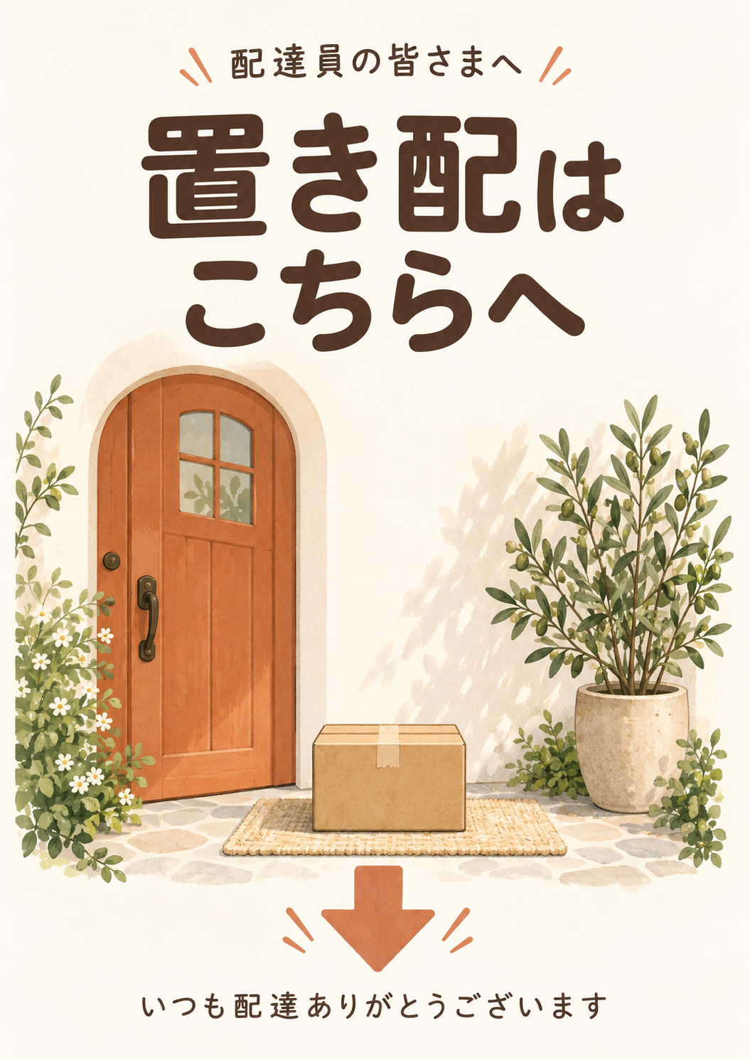 温かい玄関と荷物のイラストで置き配場所を知らせる縦型ポスター