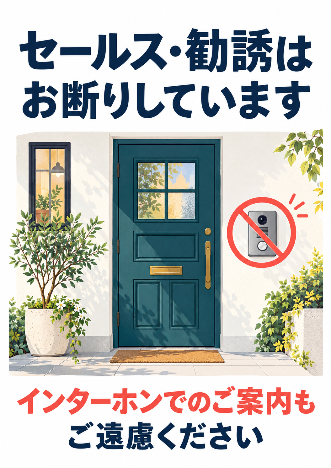 営業や勧誘目的の呼び出しを控えてもらう、インターホン向けポスター。
