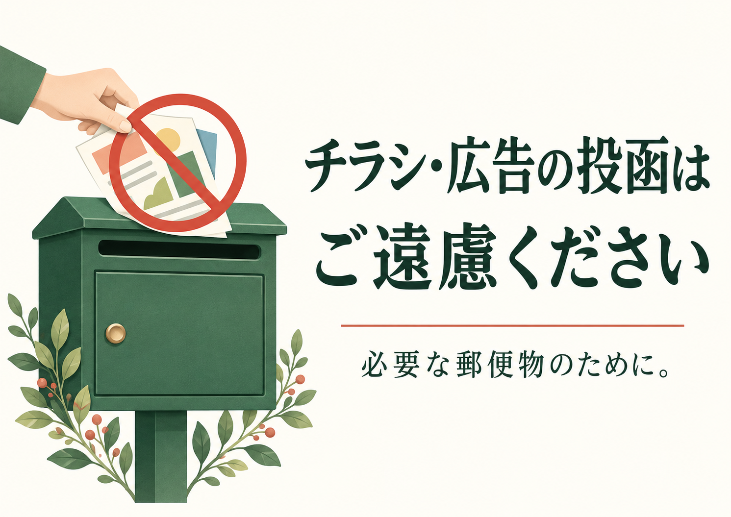 郵便受けの近くに貼る、広告チラシの投函を控えてもらう横向きポスター。
