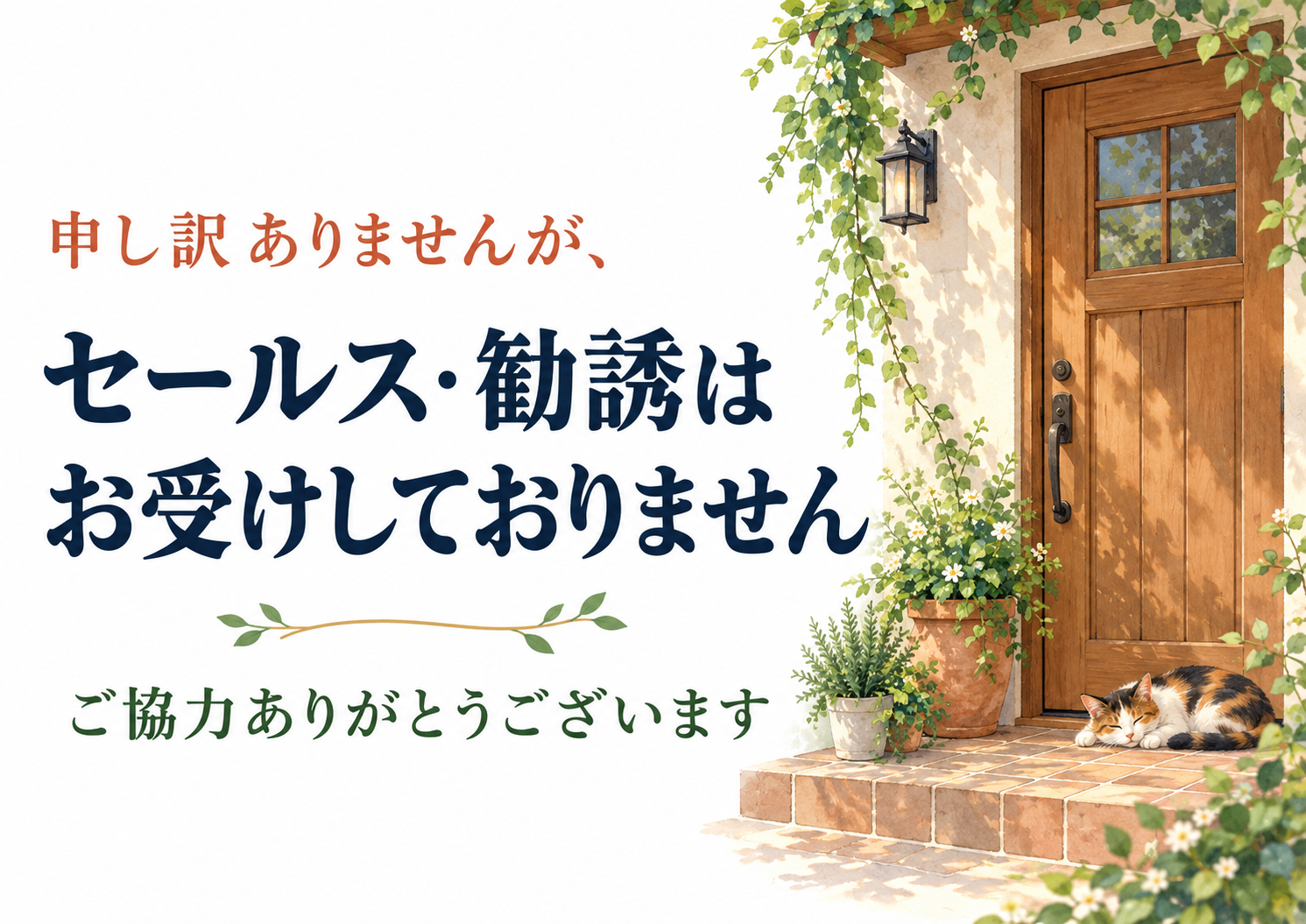 丁寧な断り方とやさしい家のイラストを組み合わせた横向きポスター。