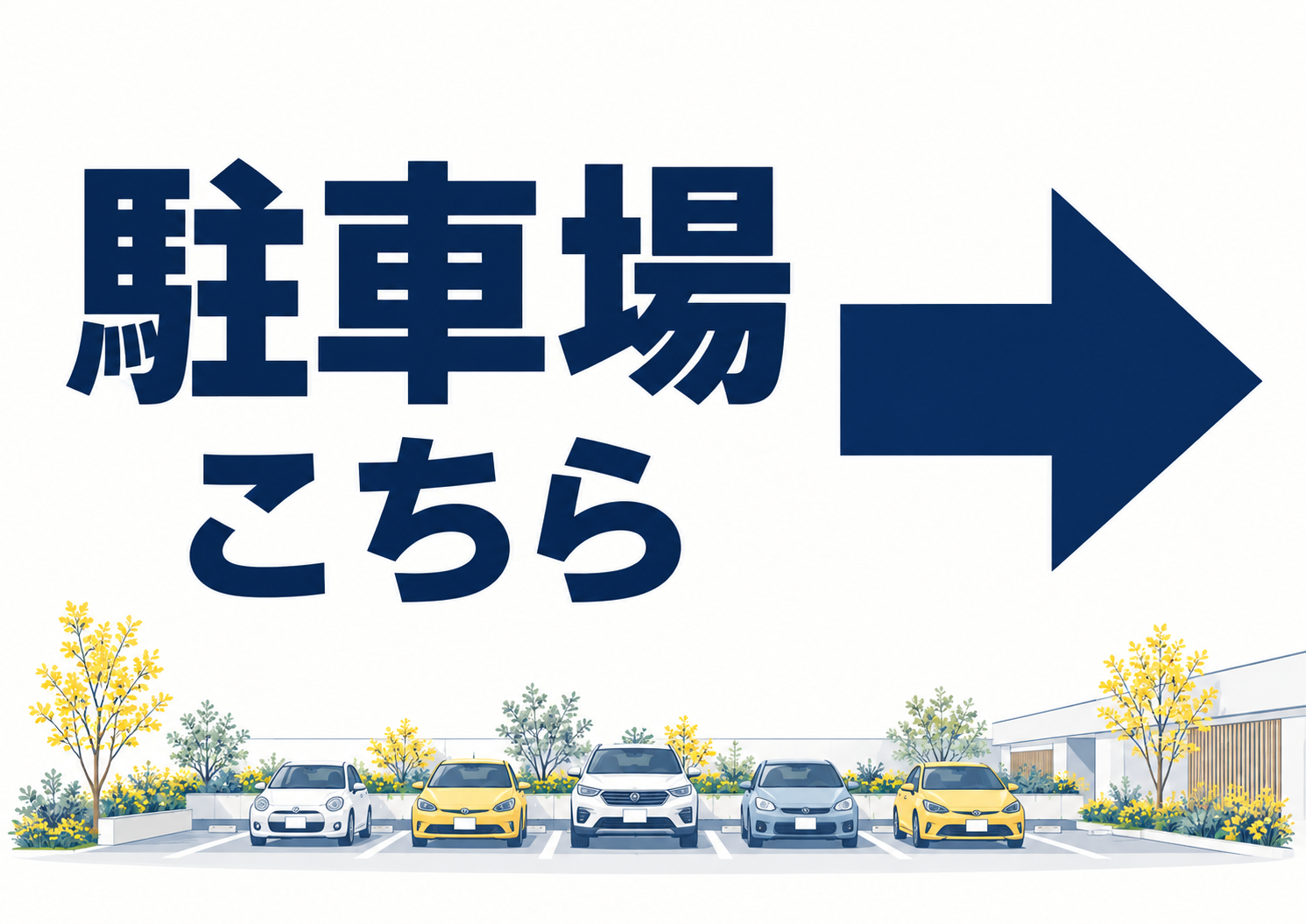 大きな右矢印と駐車場の街並みイラストを使った、右方向への誘導サイン