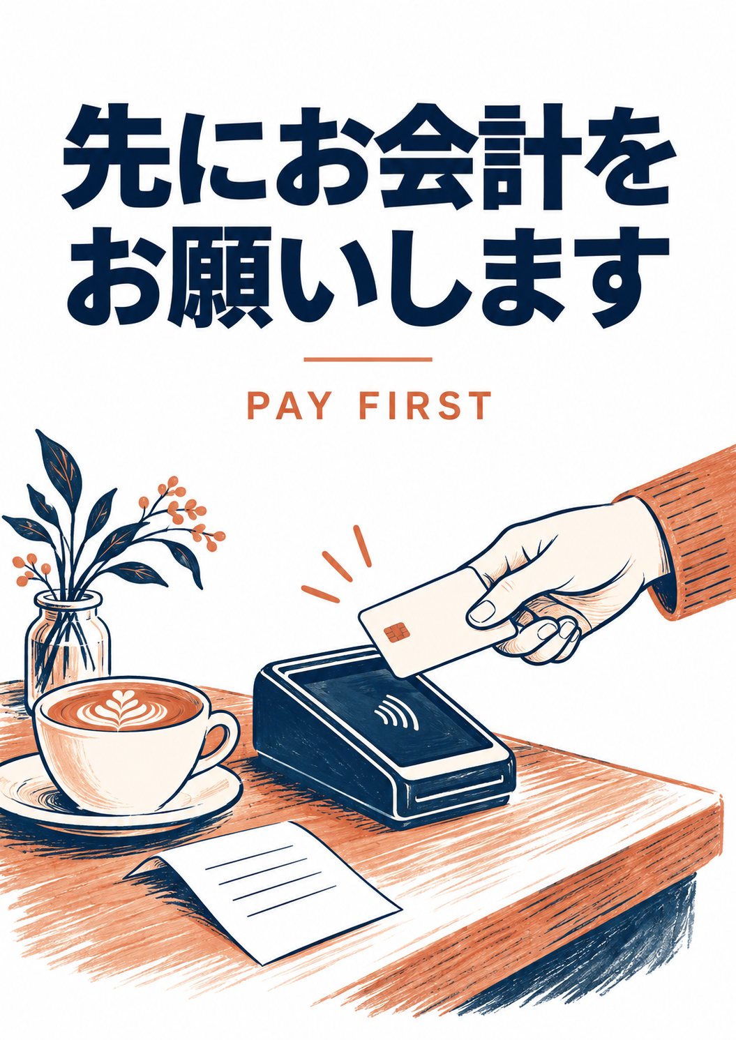 先払い制の店舗で、注文前後の会計場所に掲示しやすい案内