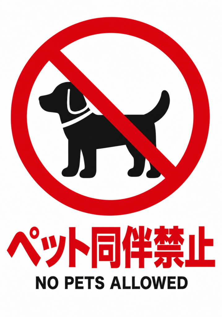 ペット同伴禁止 犬の禁止マークとNO PETS ALLOWEDを表示した縦向きポスター