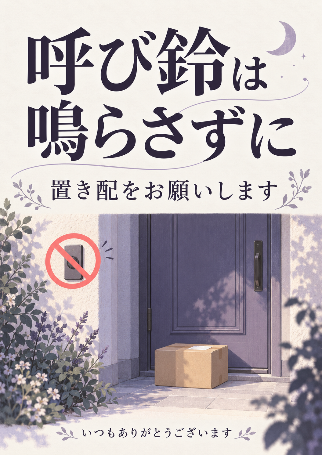 呼び鈴を鳴らさず置き配してもらうための、静かな雰囲気の縦型案内
