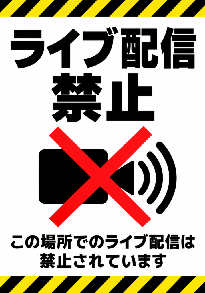 黒いライブ配信禁止の文字と配信カメラに赤いバツ印、上下に黄黒の注意ラインを配置した縦型ポスター