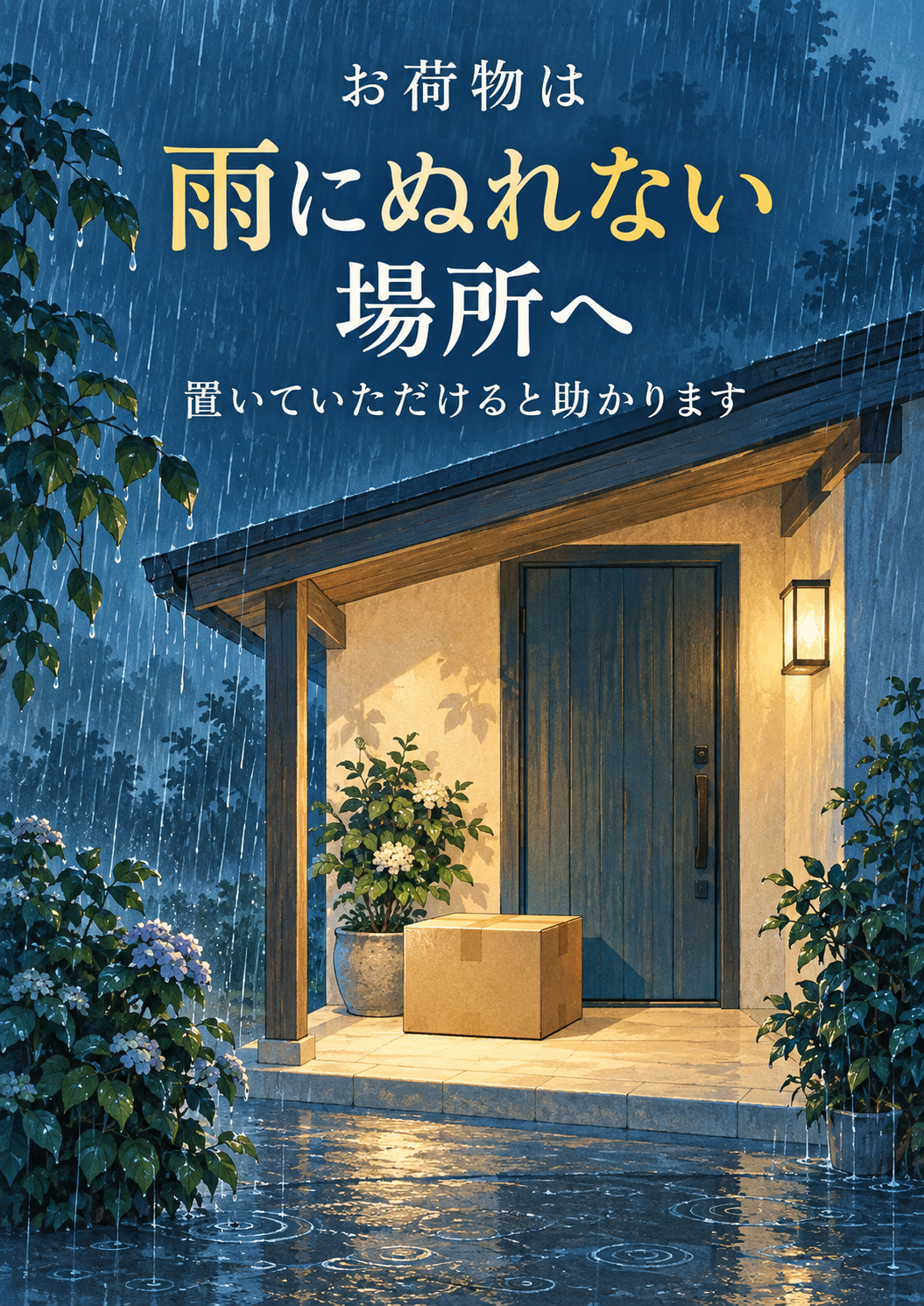 屋根の下の荷物を描き、雨にぬれない場所への置き配をお願いする案内