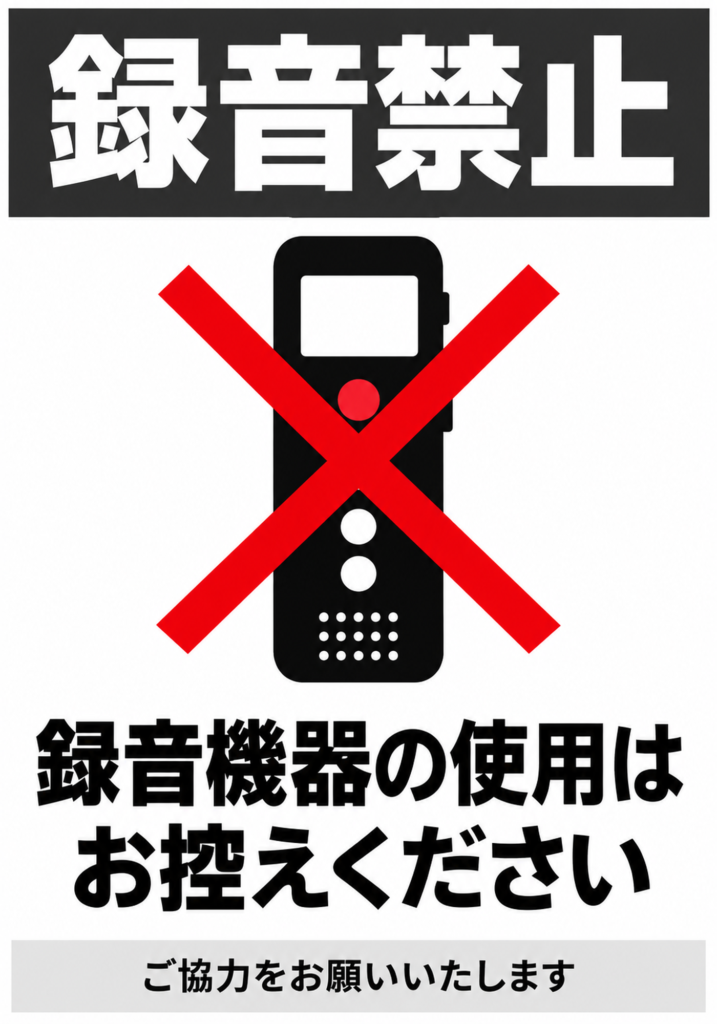 黒い見出しと録音機に赤いバツ印を重ねた録音禁止の縦向きポスター