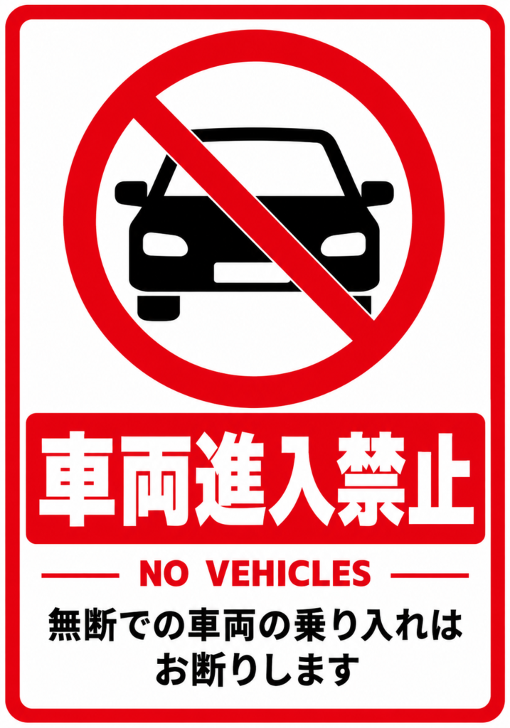 車両進入禁止 赤枠と自動車禁止マーク、NO VEHICLES表記を配置した縦向きポスター