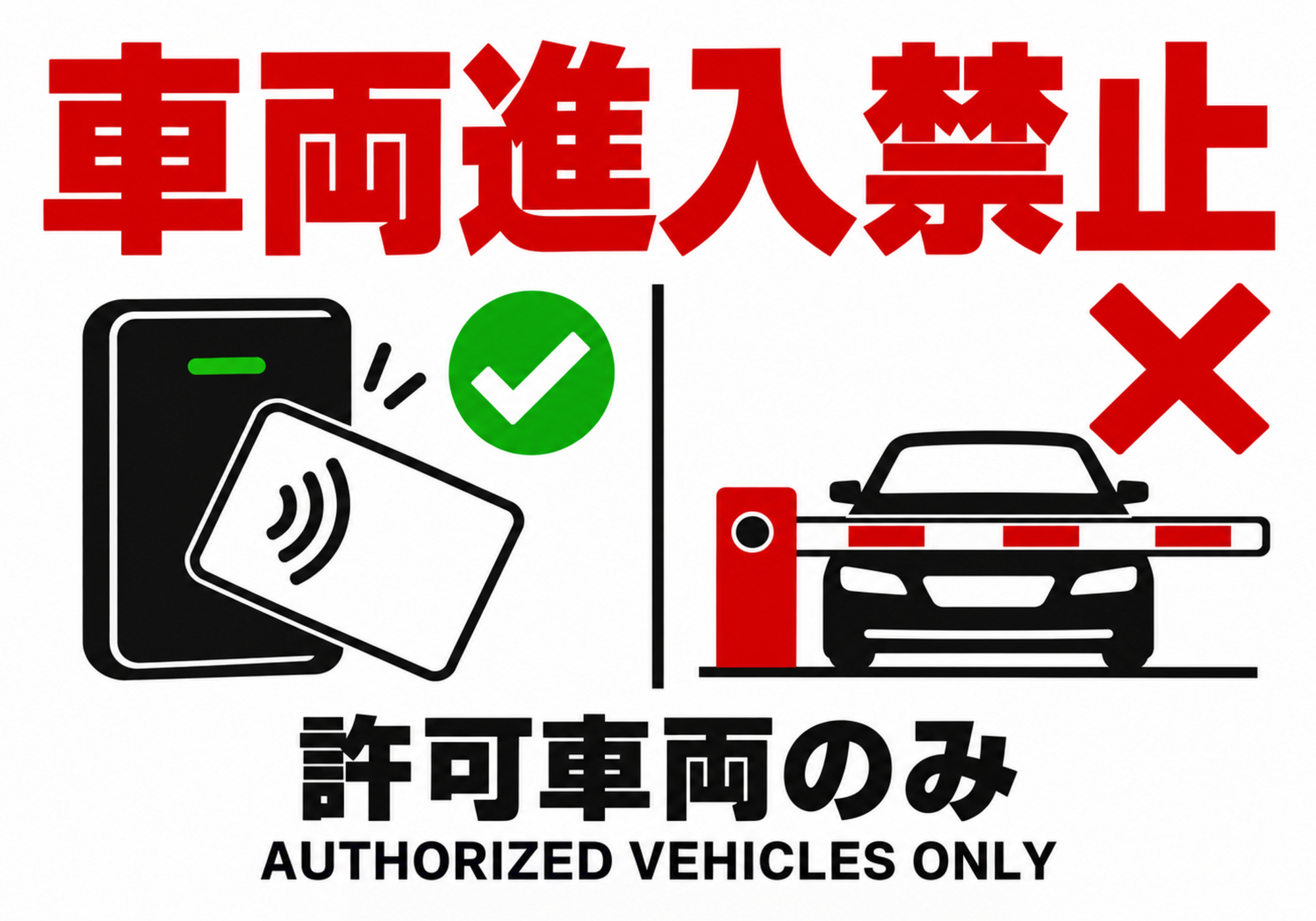 車両進入禁止 許可証認証と遮断ゲートを配置した横向きポスター