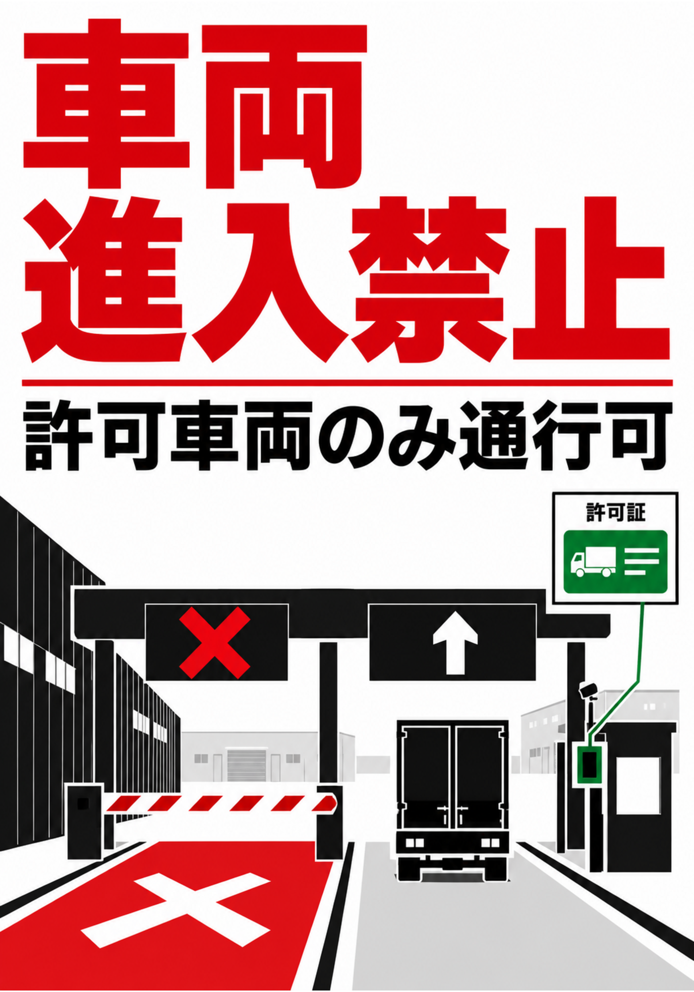 車両進入禁止 許可車両専用ゲートを案内する縦向きポスター