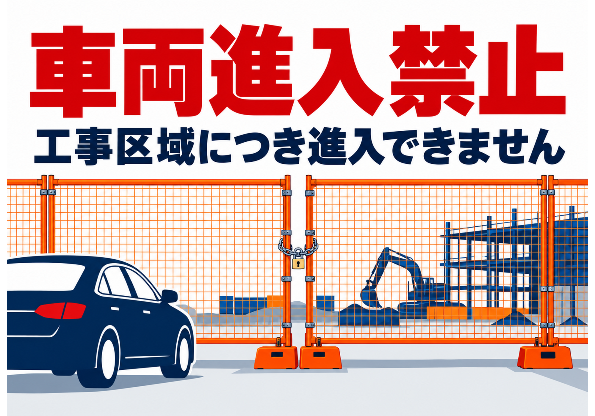 車両進入禁止 工事区域のメッシュフェンスを描いた横向きポスター