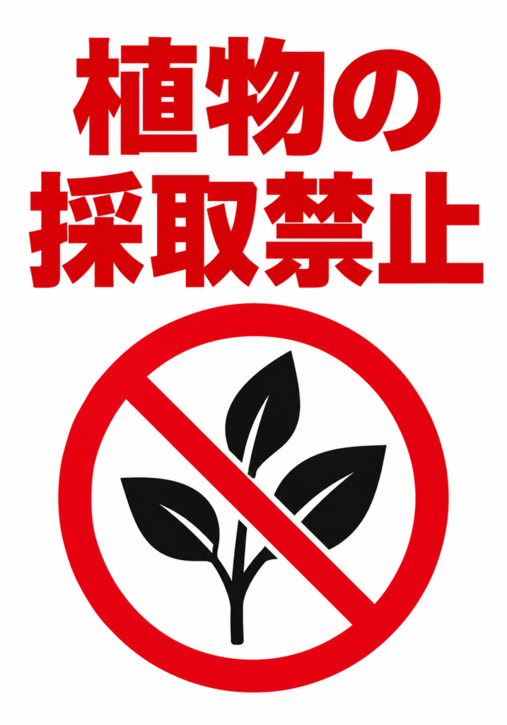 赤い植物の採取禁止の文字と黒い植物の禁止ピクトグラムを配置した縦向きポスター