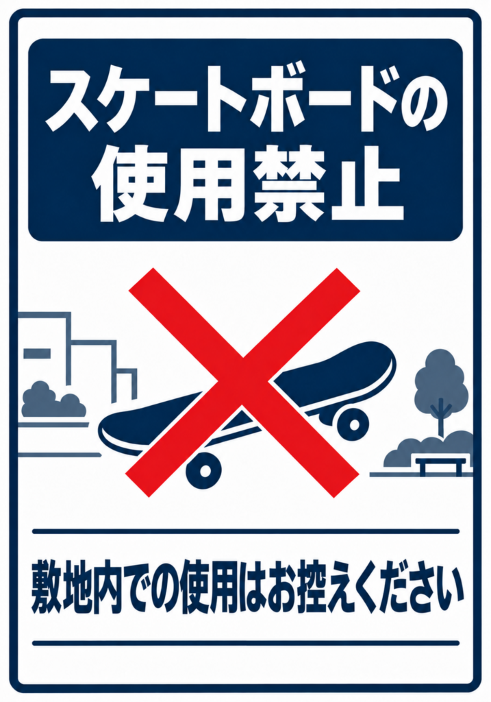 スケートボード使用禁止の紺色見出しと赤い禁止表示を配置した縦向きポスター