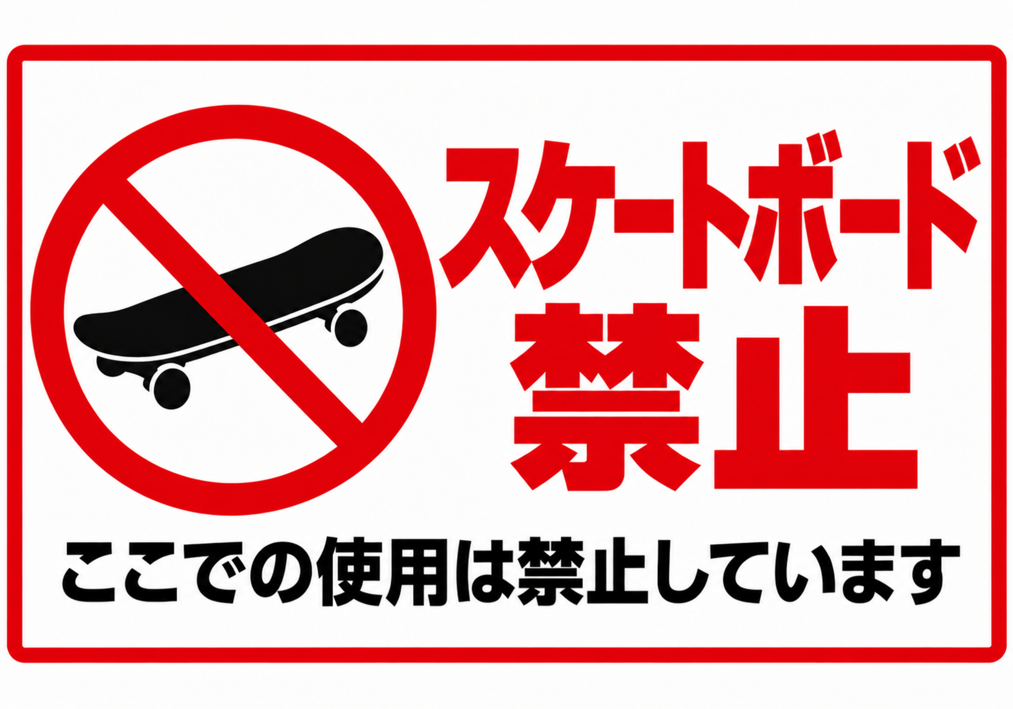 スケートボード禁止の赤い文字と禁止マークを配置した横向きポスター