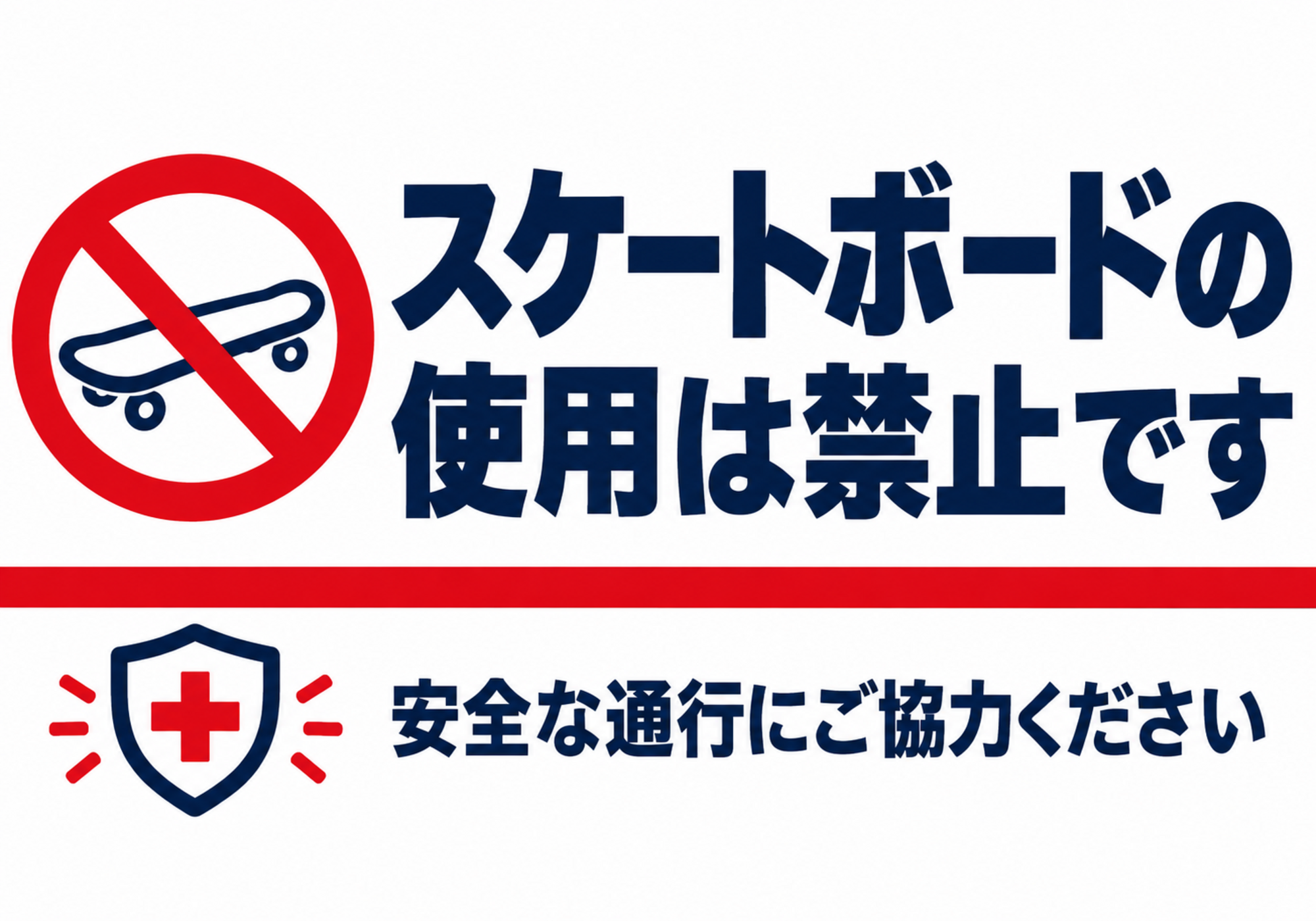 スケートボード使用禁止の紺色見出しと通行協力文を配置した横向きポスター