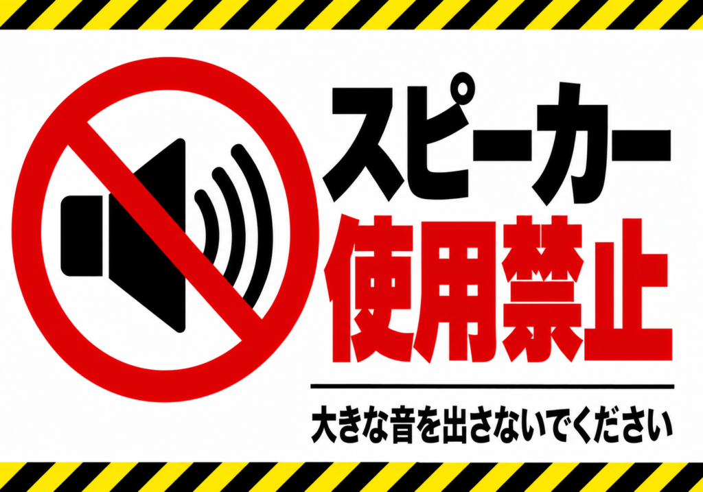 黄黒の注意ラインとスピーカー禁止マークを配置した横型ポスター