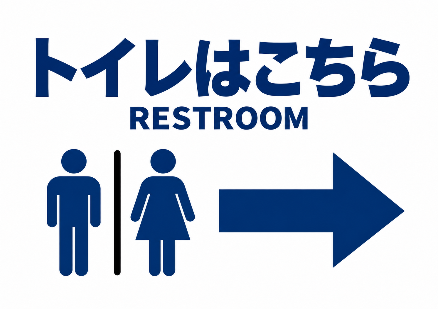 トイレはこちらの文字と男女ピクトグラム、右矢印の青い案内ポスター