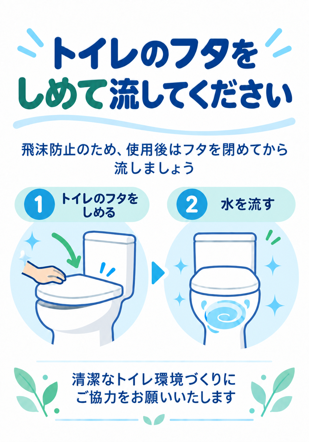 青と緑の清潔感あるイラストでフタを閉めて流す2段階手順を示す縦型ポスター