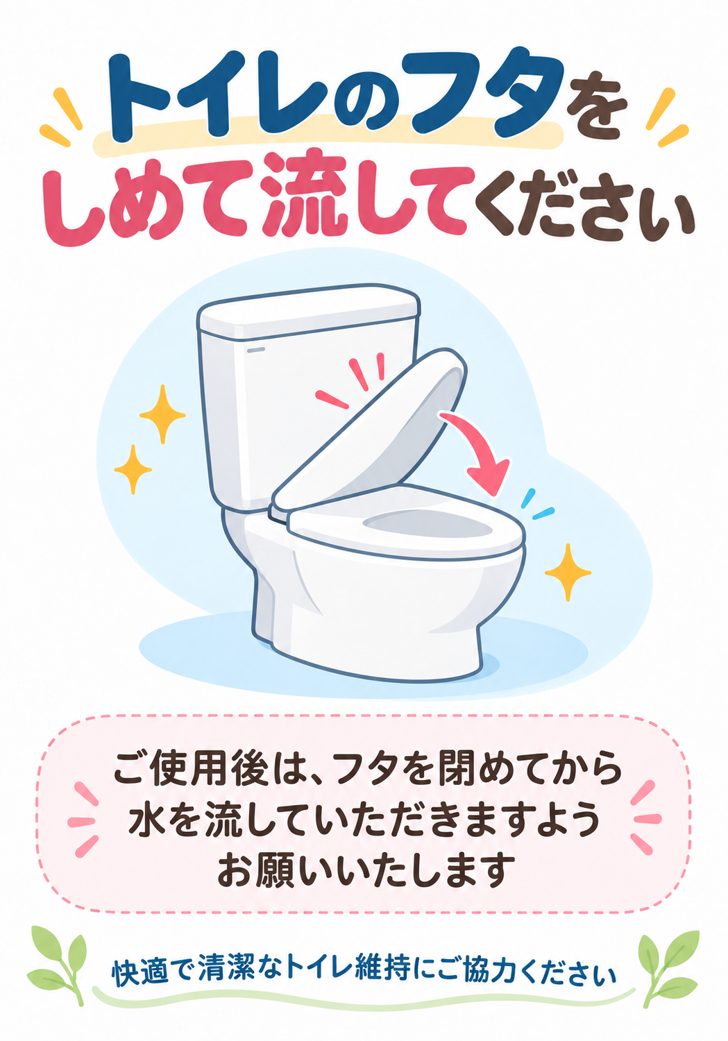 やさしい配色の便器イラストと丁寧な文章でフタを閉めて流すよう案内する縦型ポスター