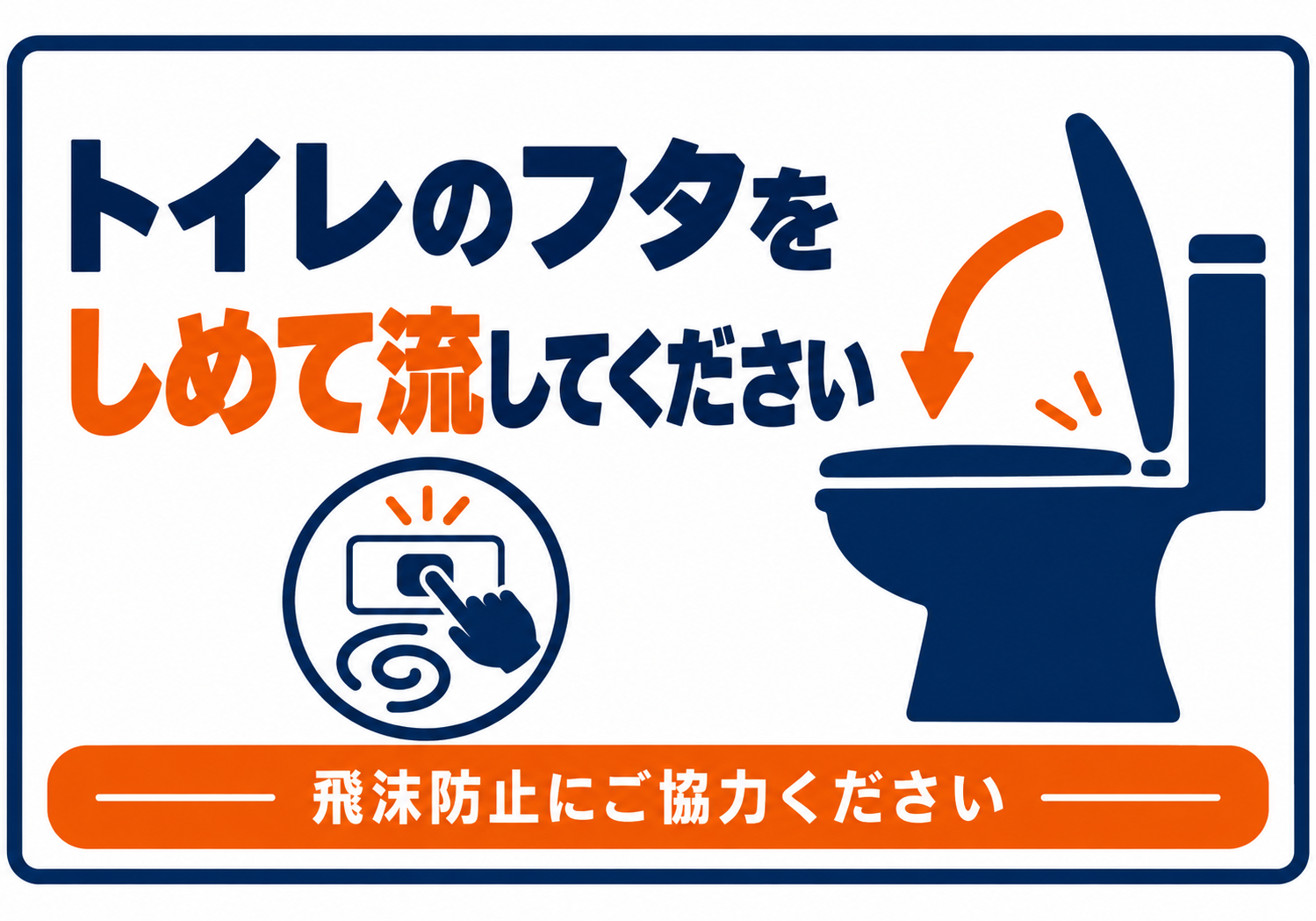紺とオレンジの便器イラストでフタを閉めて飛沫を防ぐよう案内する横型ポスター