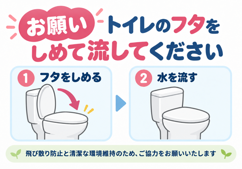 トイレのフタを閉めてから水を流す2段階の手順を示す横型ポスター