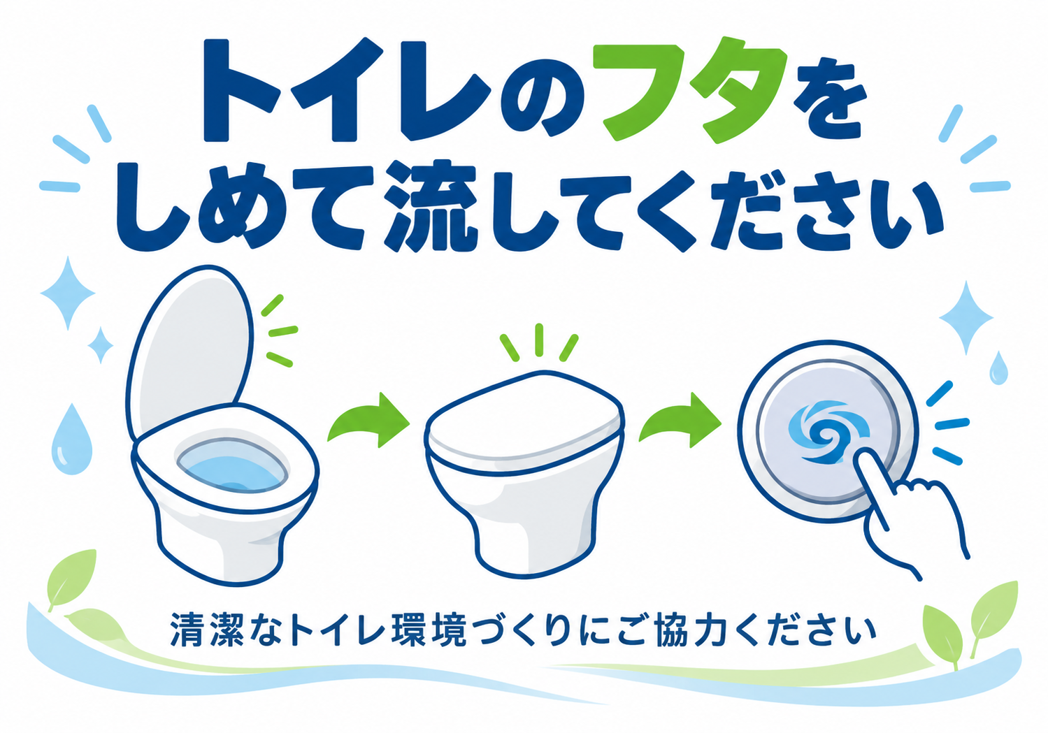 トイレのフタを閉めて水を流す流れを3つのアイコンで示す横型ポスター