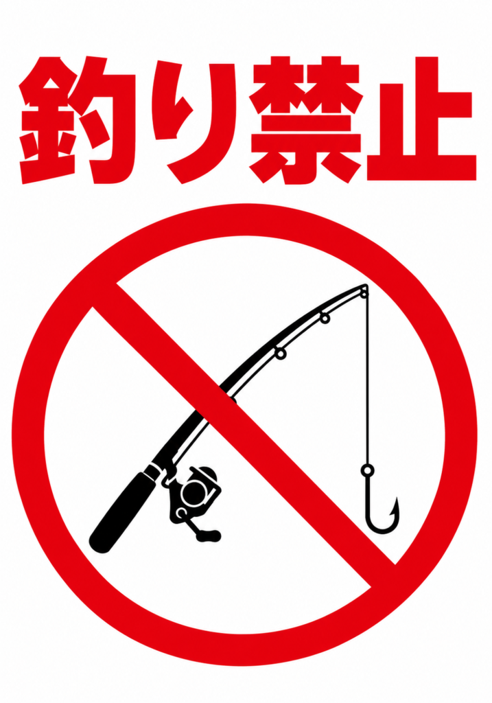 赤い釣り禁止の文字と黒い釣り竿に赤い禁止マークを重ねた縦型ポスター