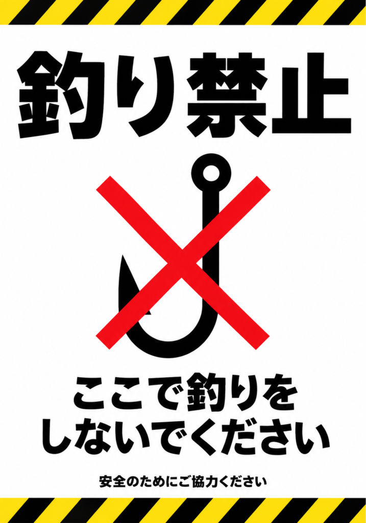 黒い釣り禁止の文字と釣り針に赤いバツ印、上下に黄黒の注意ラインを配置した縦型ポスター