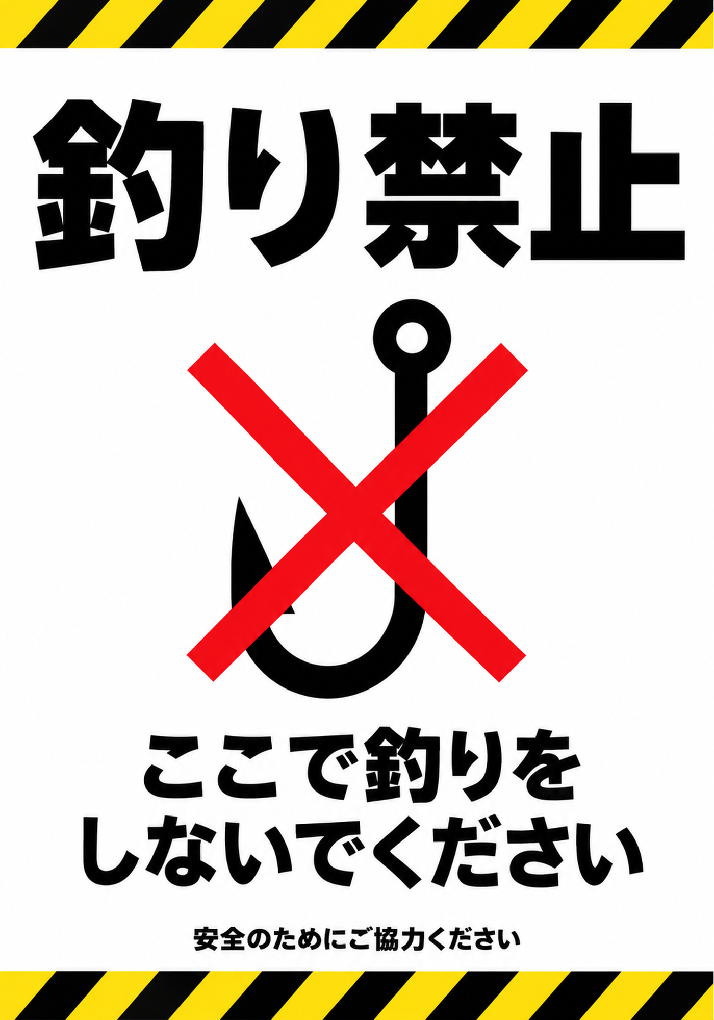 黒い釣り禁止の文字と釣り針に赤いバツ印、上下に黄黒の注意ラインを配置した縦型ポスター