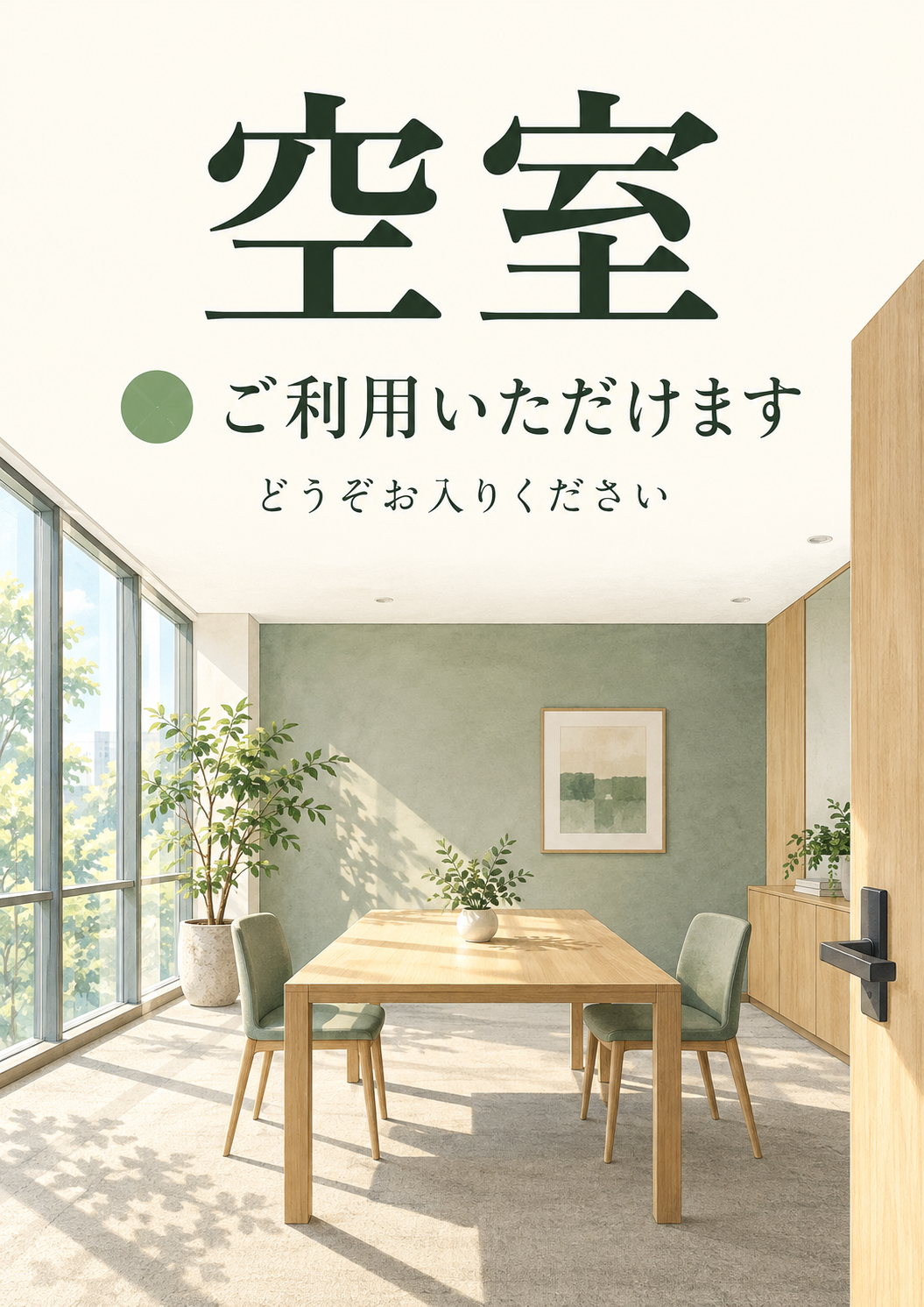 やわらかな光の差す空の会議室を描いた、空室・入室可能の縦型サイン