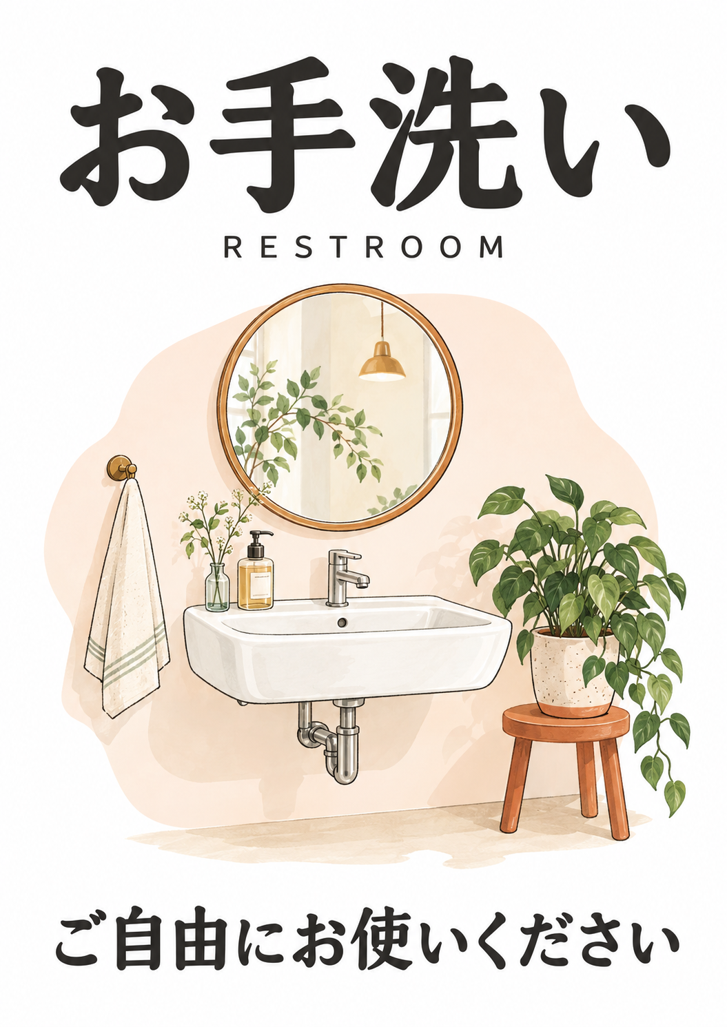 小さな洗面台と植物を描いた、温かく迎える雰囲気のお手洗い案内