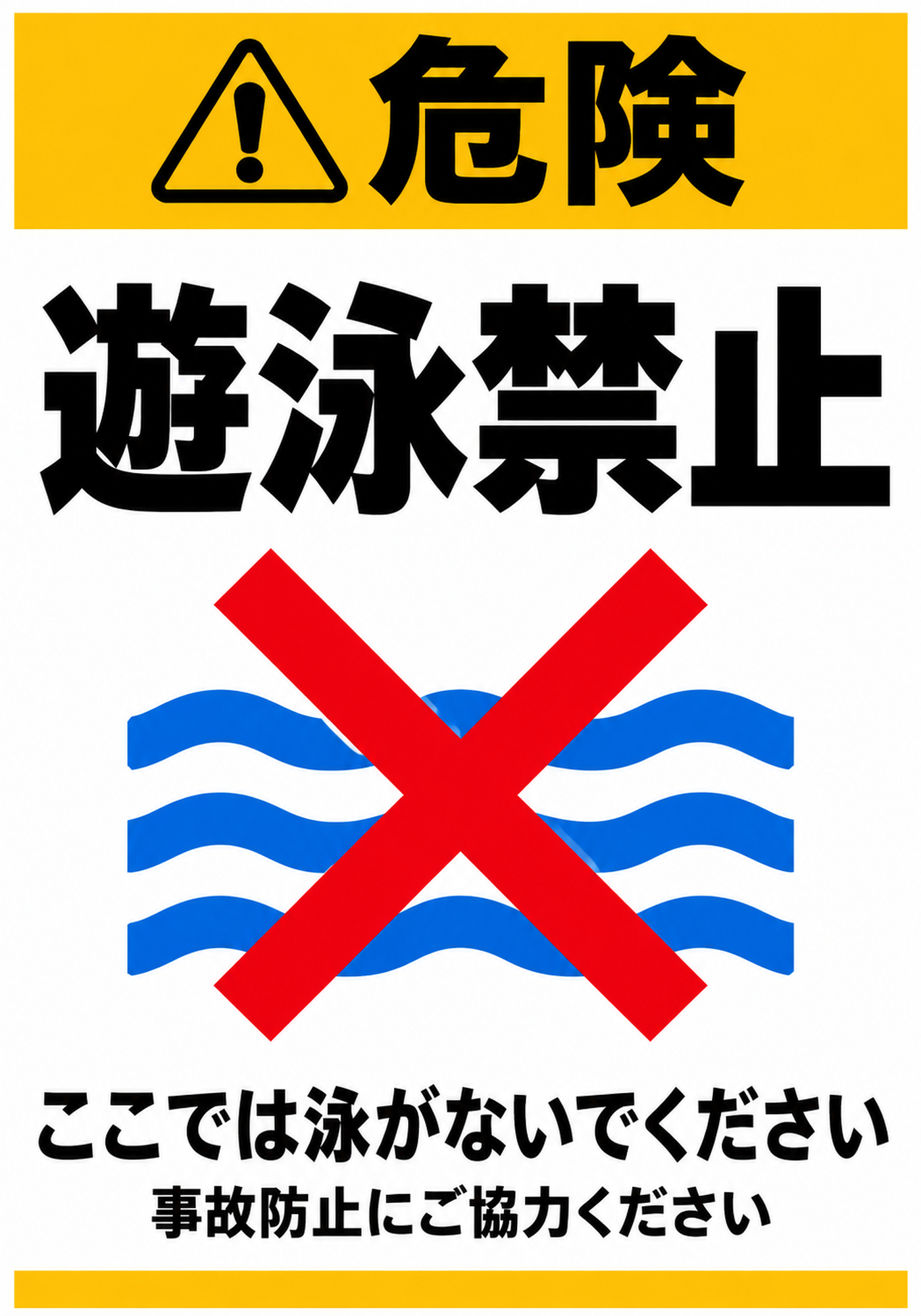 黄色の危険表示と遊泳禁止の文字、青い波に赤いバツ印を重ねた縦型ポスター