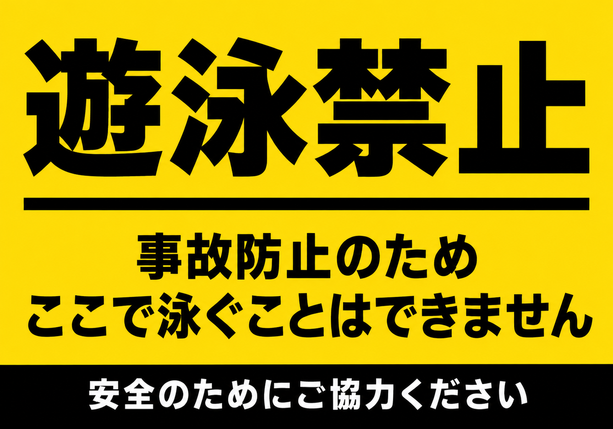 黄色い背景に黒い遊泳禁止の文字とここで泳ぐことはできませんの説明を配置した横型ポスター