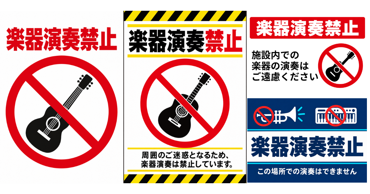 楽器演奏禁止の貼り紙テンプレートのアイキャッチ、サムネイル